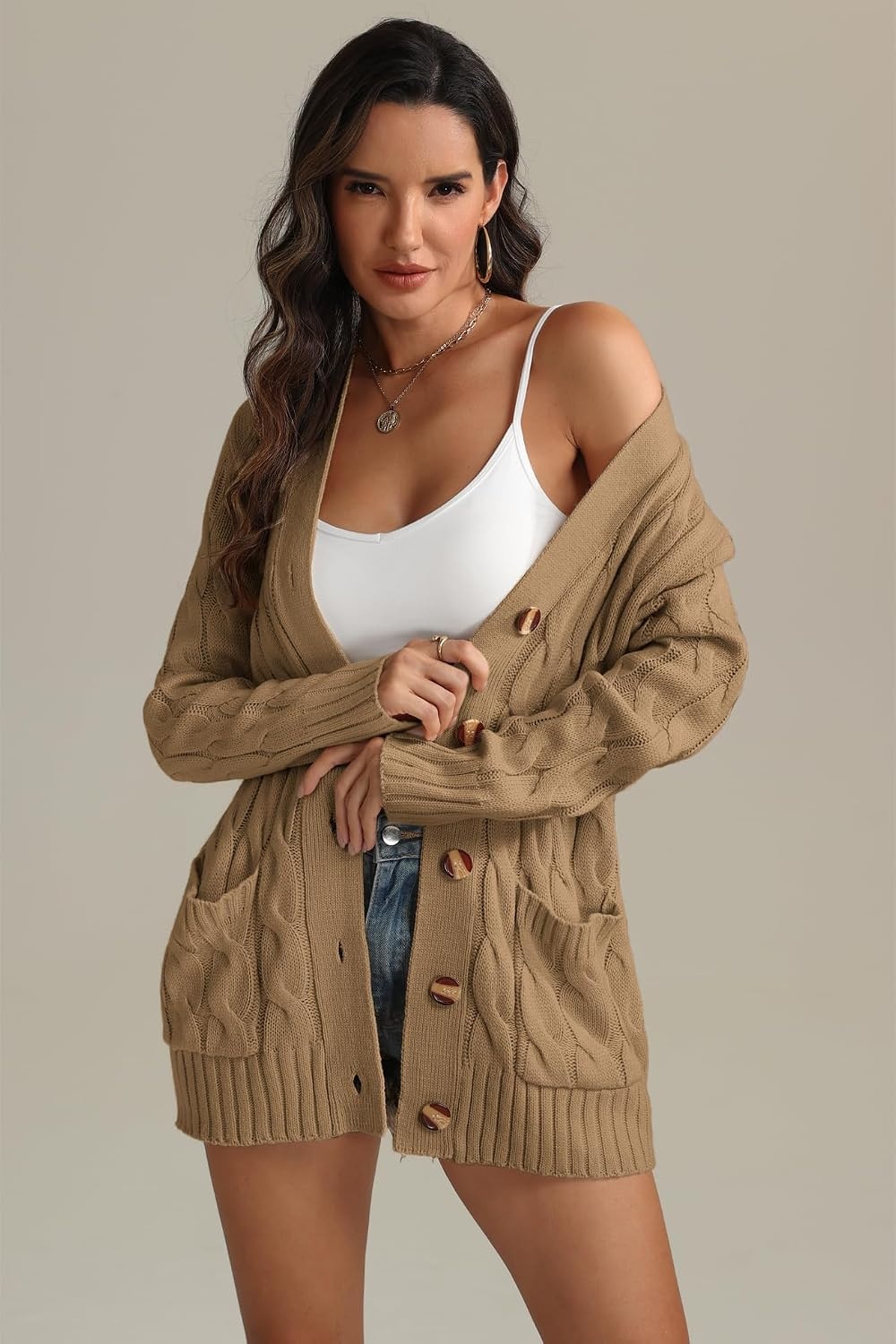 image:imageATHMILE Cardigan Sweaters for Women Fashion Open Front Cardigans 2026 Fall Outfits Womens Long Sleeve Cable Knit Button CoatsKhaki