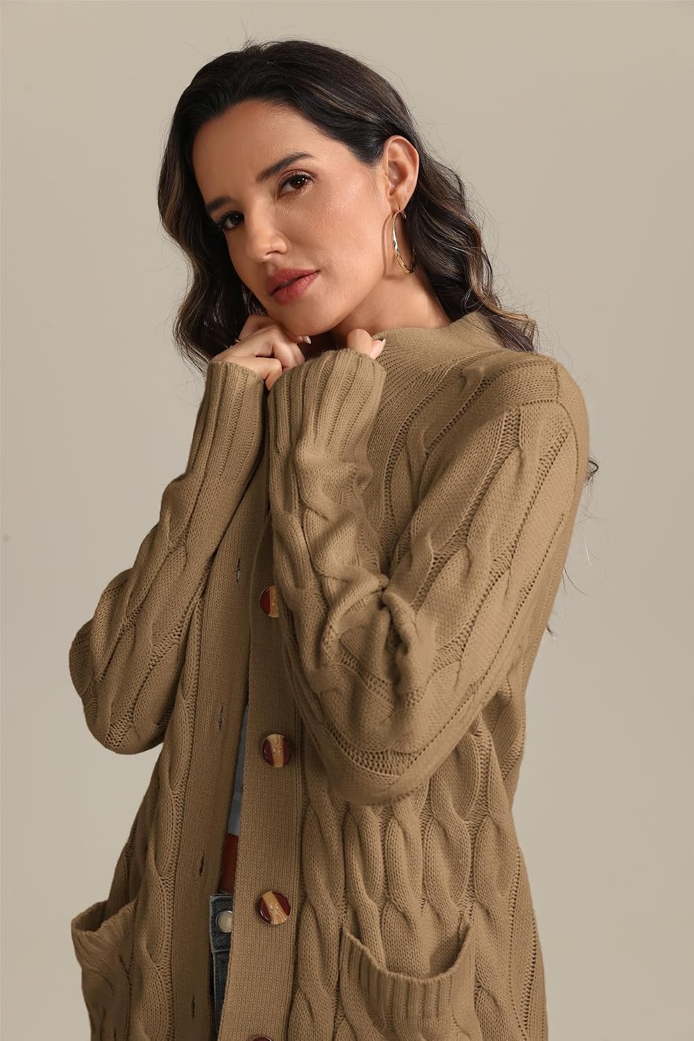 image:imageATHMILE Cardigan Sweaters for Women Fashion Open Front Cardigans 2026 Fall Outfits Womens Long Sleeve Cable Knit Button CoatsKhaki