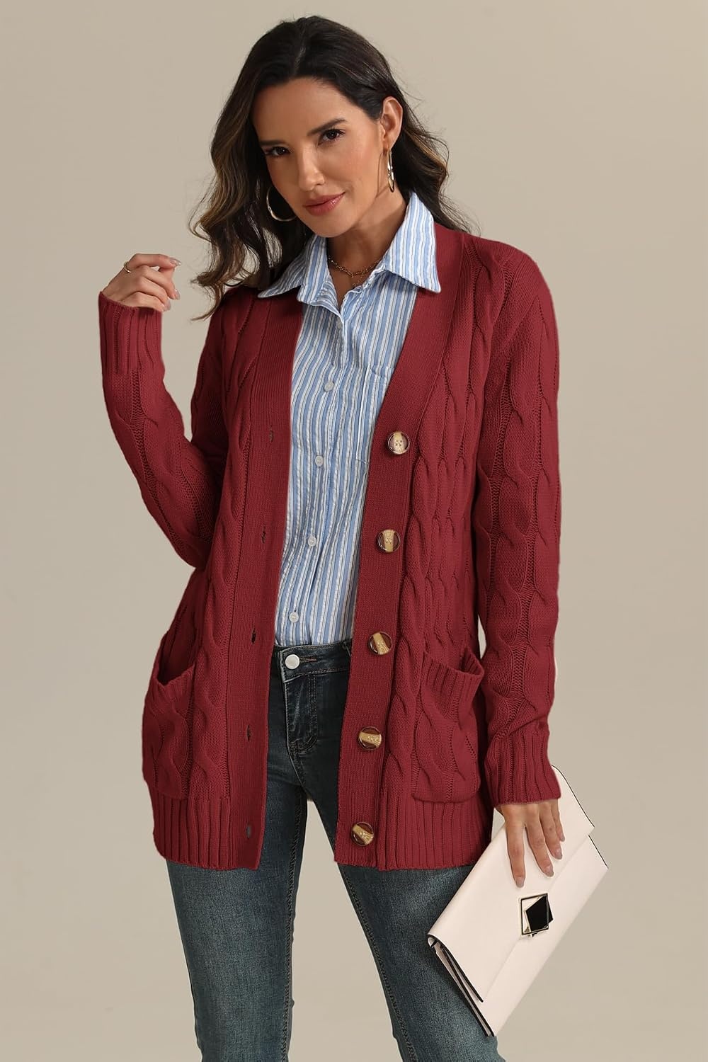 image:imageATHMILE Cardigan Sweaters for Women Fashion Open Front Cardigans 2026 Fall Outfits Womens Long Sleeve Cable Knit Button CoatsWine Red