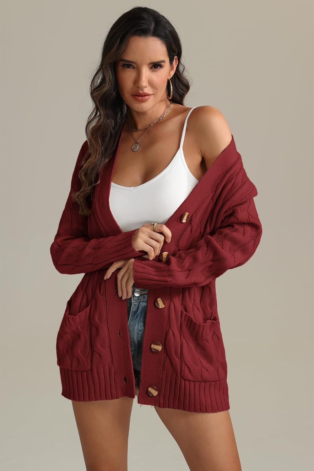 image:imageATHMILE Cardigan Sweaters for Women Fashion Open Front Cardigans 2026 Fall Outfits Womens Long Sleeve Cable Knit Button CoatsWine Red