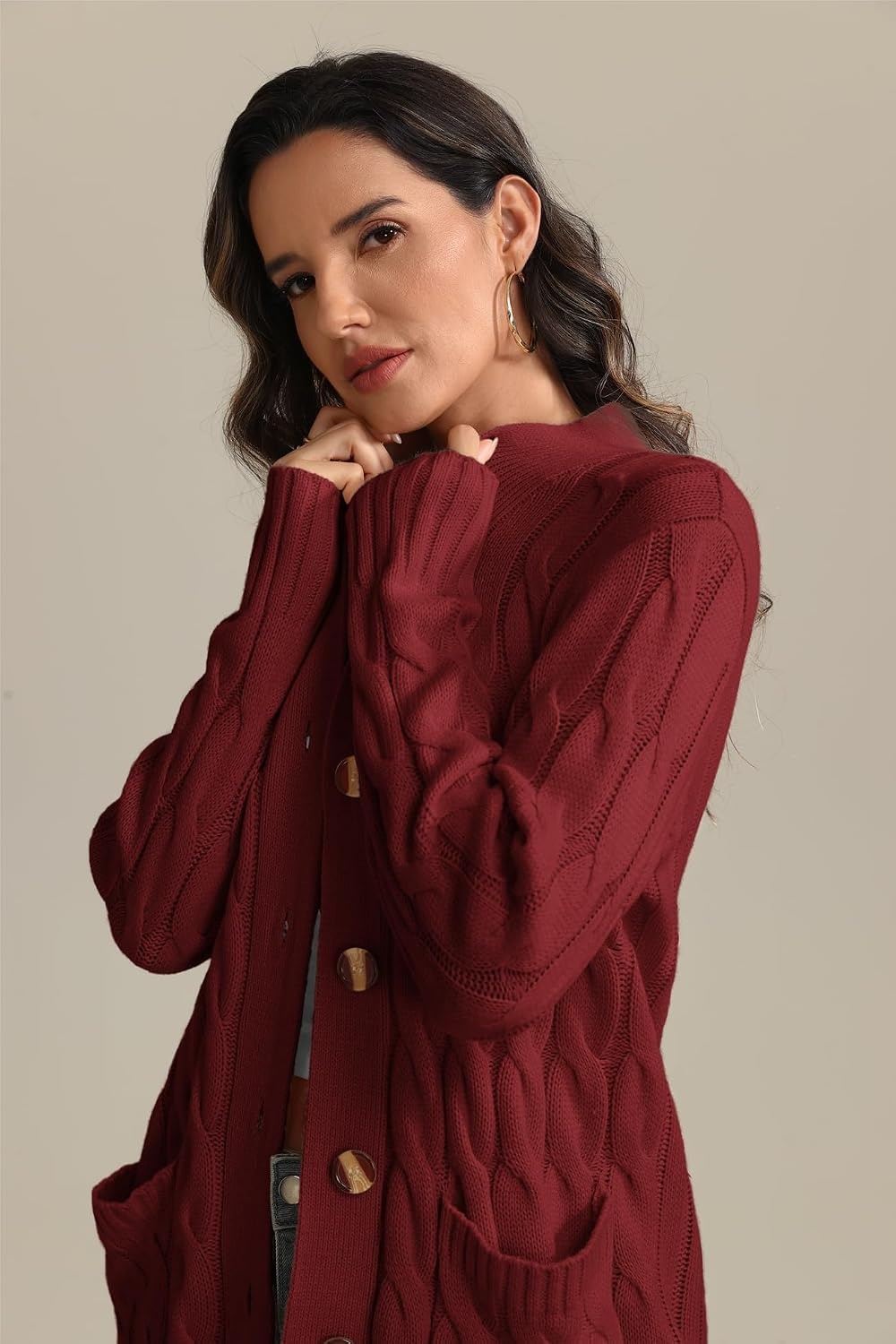 image:imageATHMILE Cardigan Sweaters for Women Fashion Open Front Cardigans 2026 Fall Outfits Womens Long Sleeve Cable Knit Button CoatsWine Red