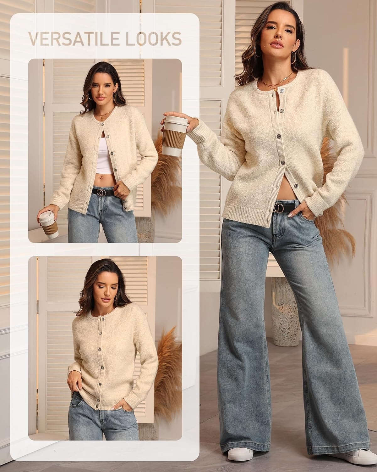 image:imageATHMILE Fall Long Sleeve Cardigans for Women Sweater Fashion Open Front Winter Button Down Crewneck Soft Knit Jacket 2025Apricot