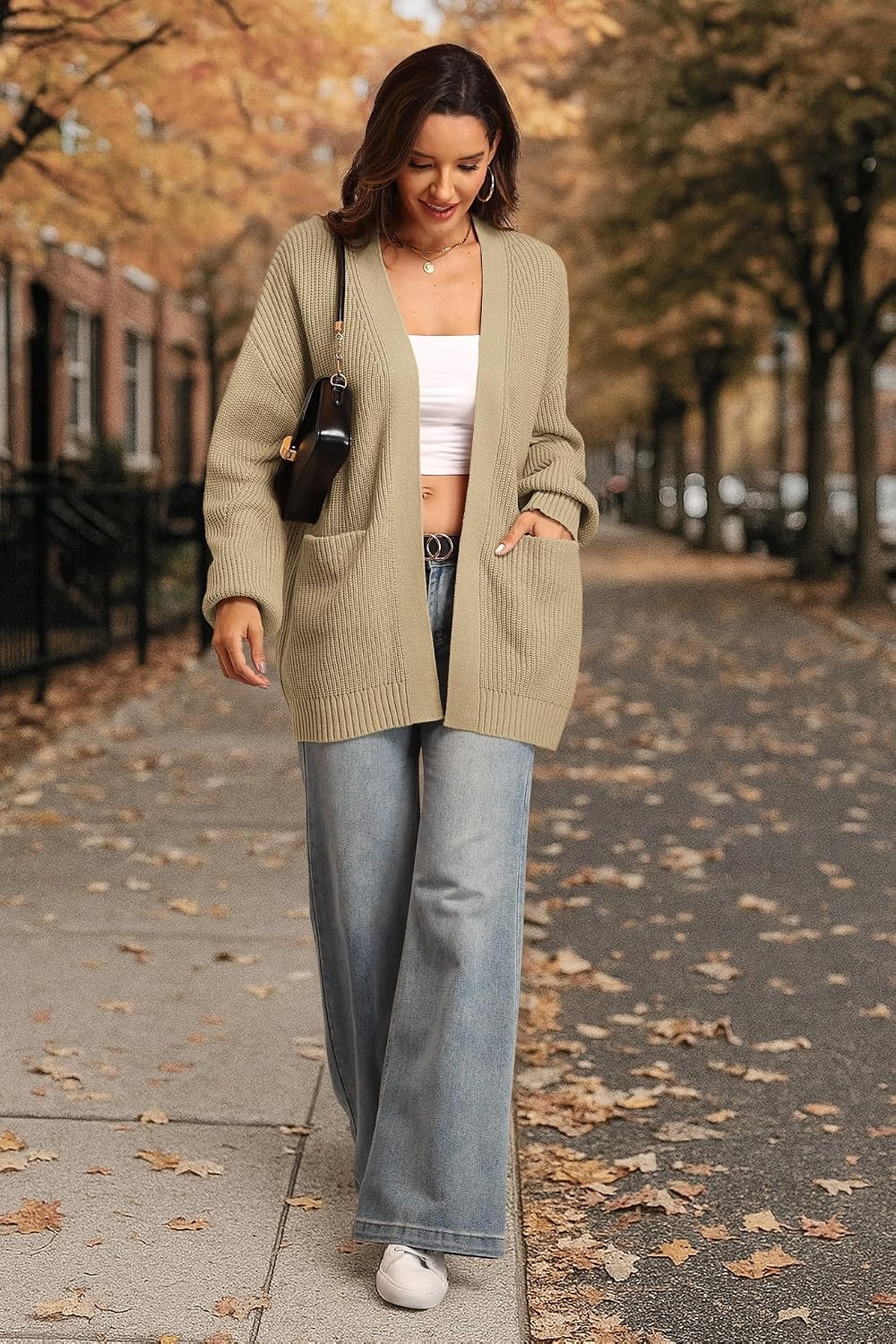 image:imageATHMILE Oversized Cardigan Sweaters for Women Fall Outfits Chunky Knit Open Front Sweater with PocketsApricot