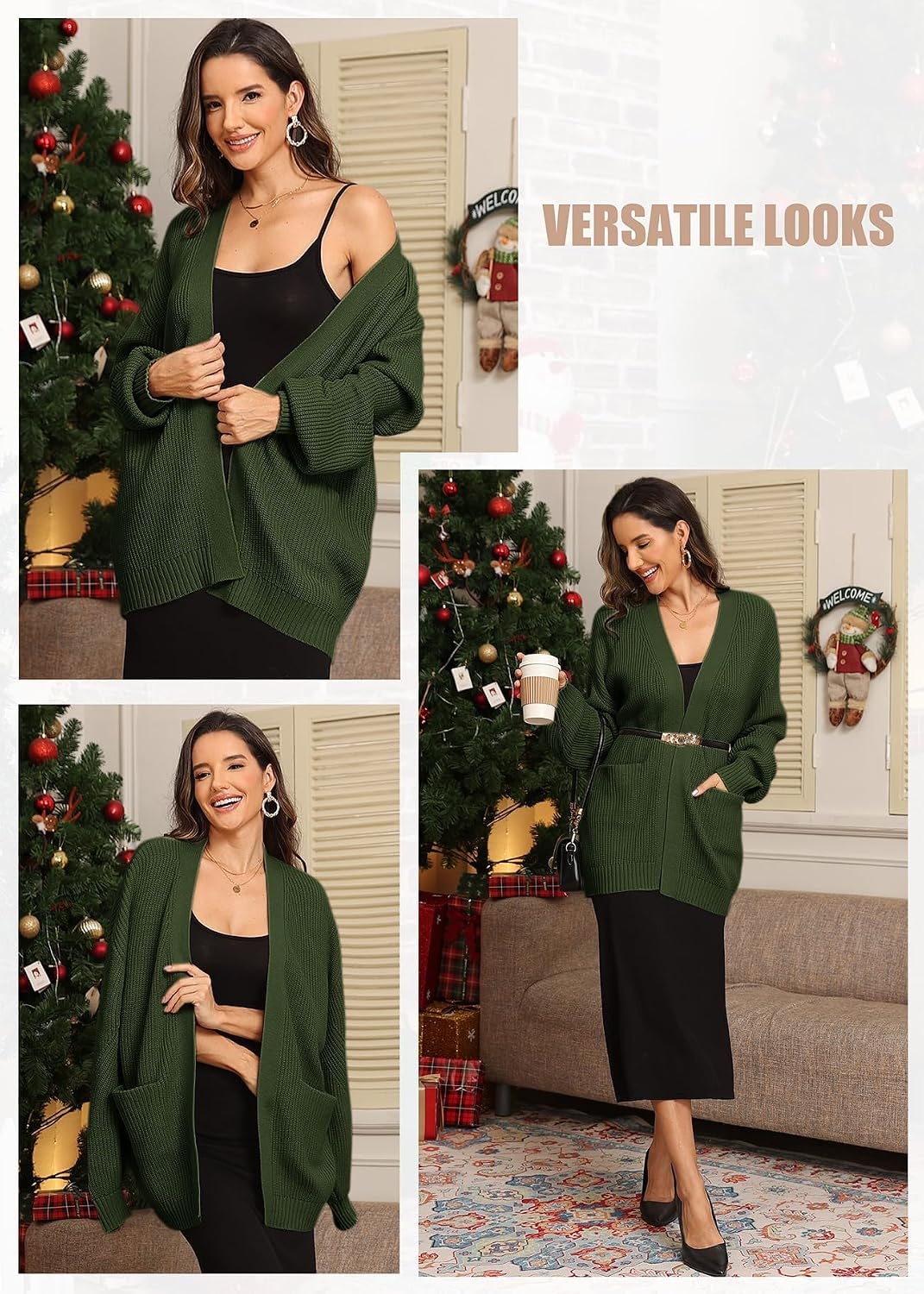 image:imageATHMILE Oversized Cardigan Sweaters for Women Fall Outfits Chunky Knit Open Front Sweater with PocketsArmy Green