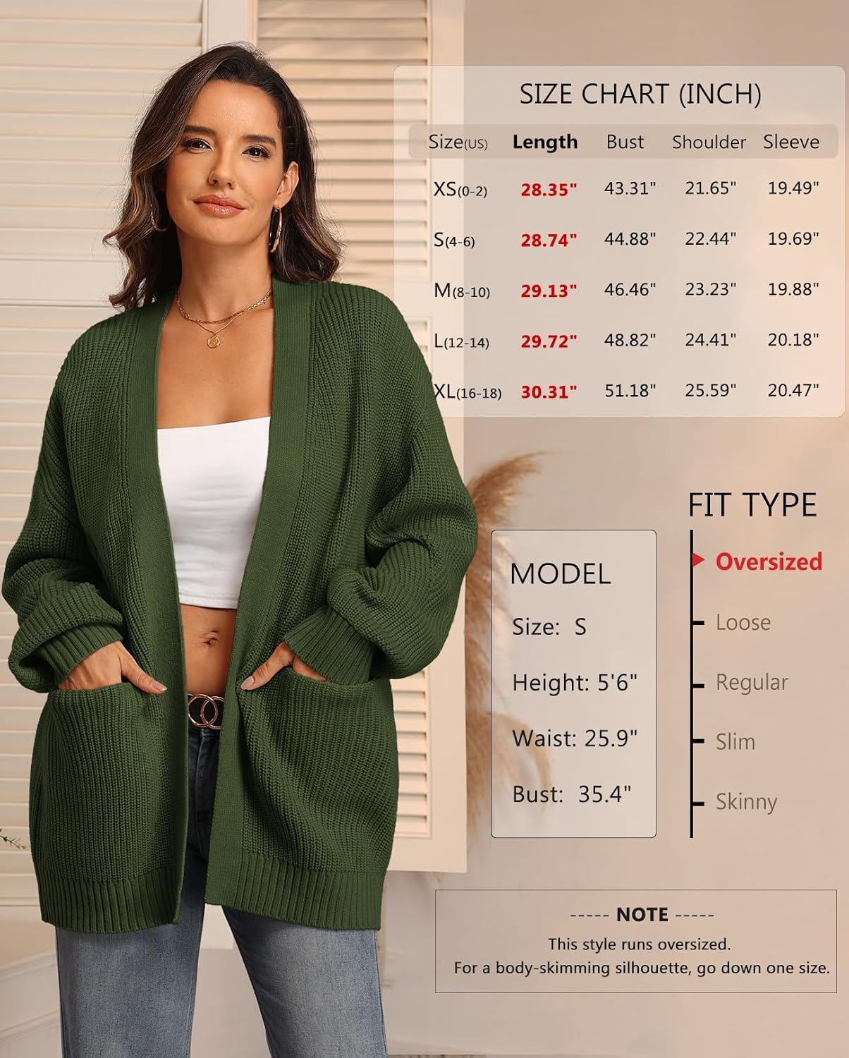 image:imageATHMILE Oversized Cardigan Sweaters for Women Fall Outfits Chunky Knit Open Front Sweater with PocketsArmy Green