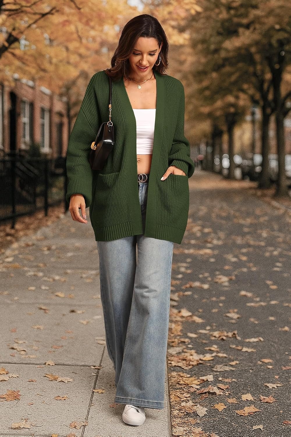 image:imageATHMILE Oversized Cardigan Sweaters for Women Fall Outfits Chunky Knit Open Front Sweater with PocketsArmy Green