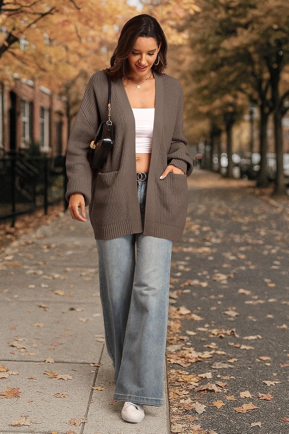 image:imageATHMILE Oversized Cardigan Sweaters for Women Fall Outfits Chunky Knit Open Front Sweater with PocketsNutmeg