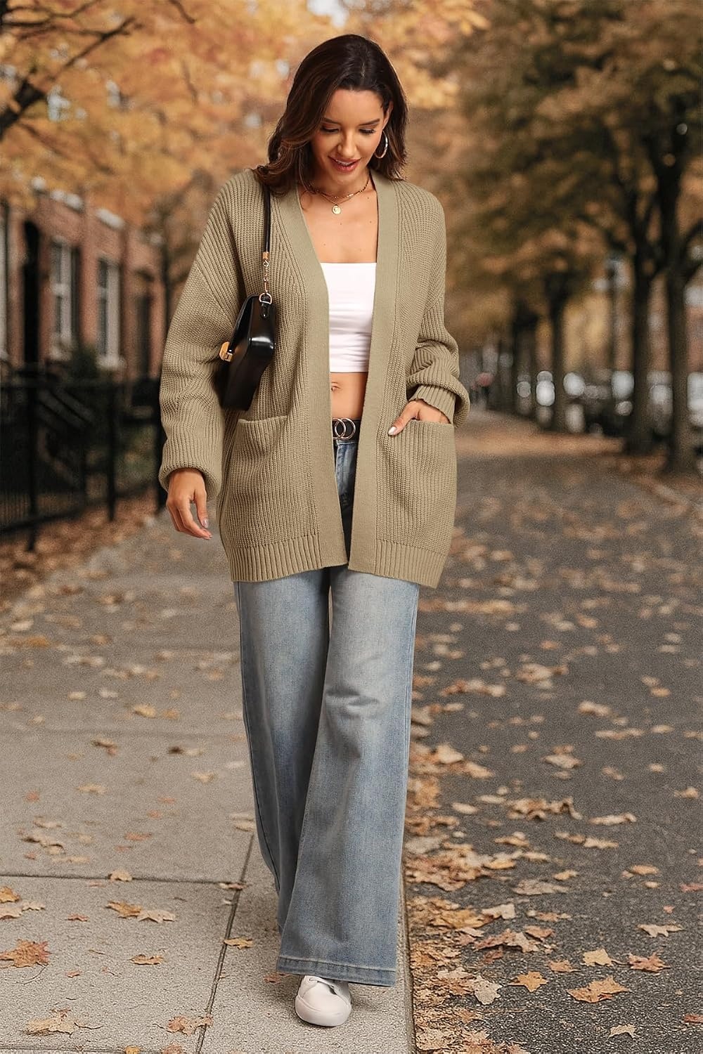 image:imageATHMILE Oversized Cardigan Sweaters for Women Fall Outfits Chunky Knit Open Front Sweater with PocketsTan