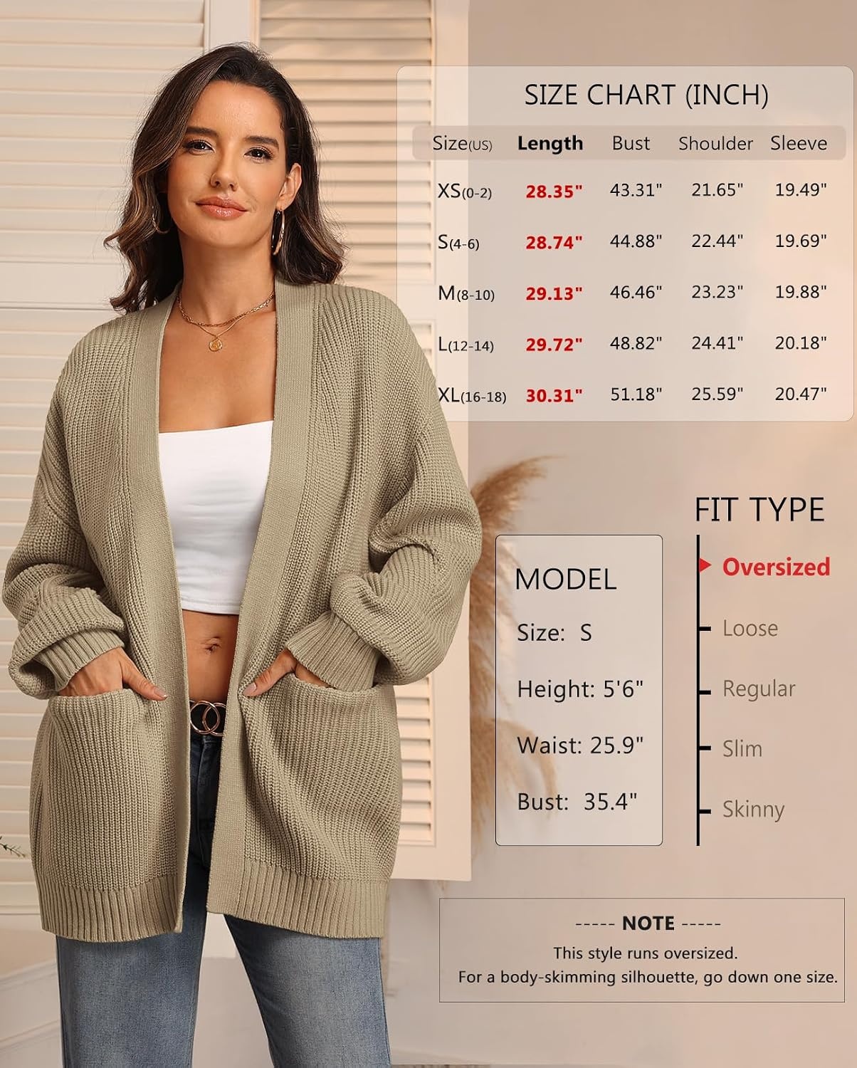 image:imageATHMILE Oversized Cardigan Sweaters for Women Fall Outfits Chunky Knit Open Front Sweater with PocketsTan