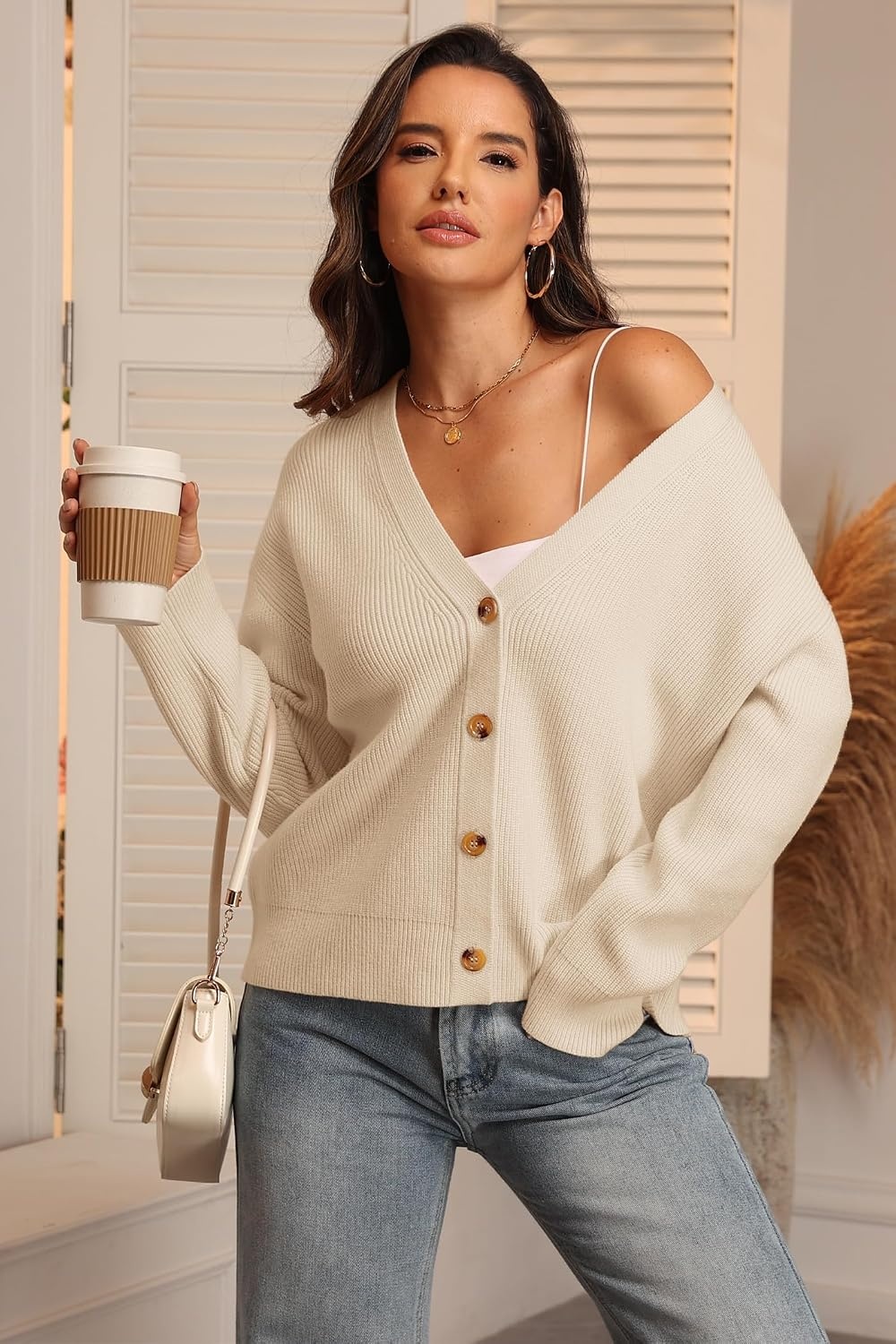 image:imageATHMILE Oversized Cardigan Sweaters for Women Lightweight Button VNeck Casual Open Front Knit Fall Outfits 2026Apricot