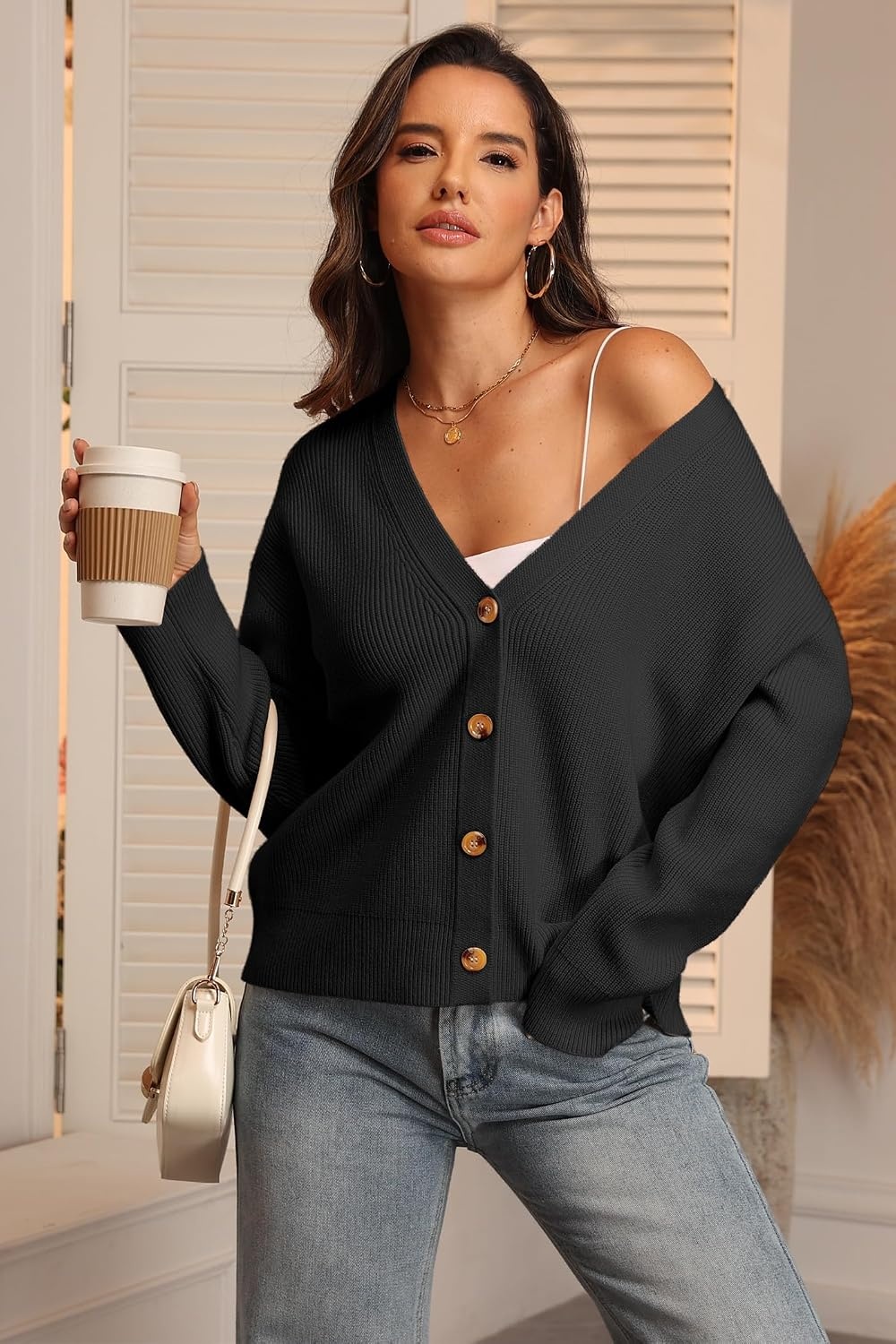 image:imageATHMILE Oversized Cardigan Sweaters for Women Lightweight Button VNeck Casual Open Front Knit Fall Outfits 2026Black