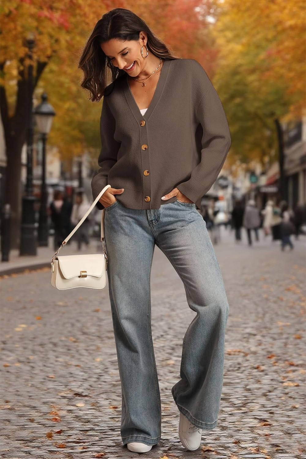 image:imageATHMILE Oversized Cardigan Sweaters for Women Lightweight Button VNeck Casual Open Front Knit Fall Outfits 2026Nutmeg