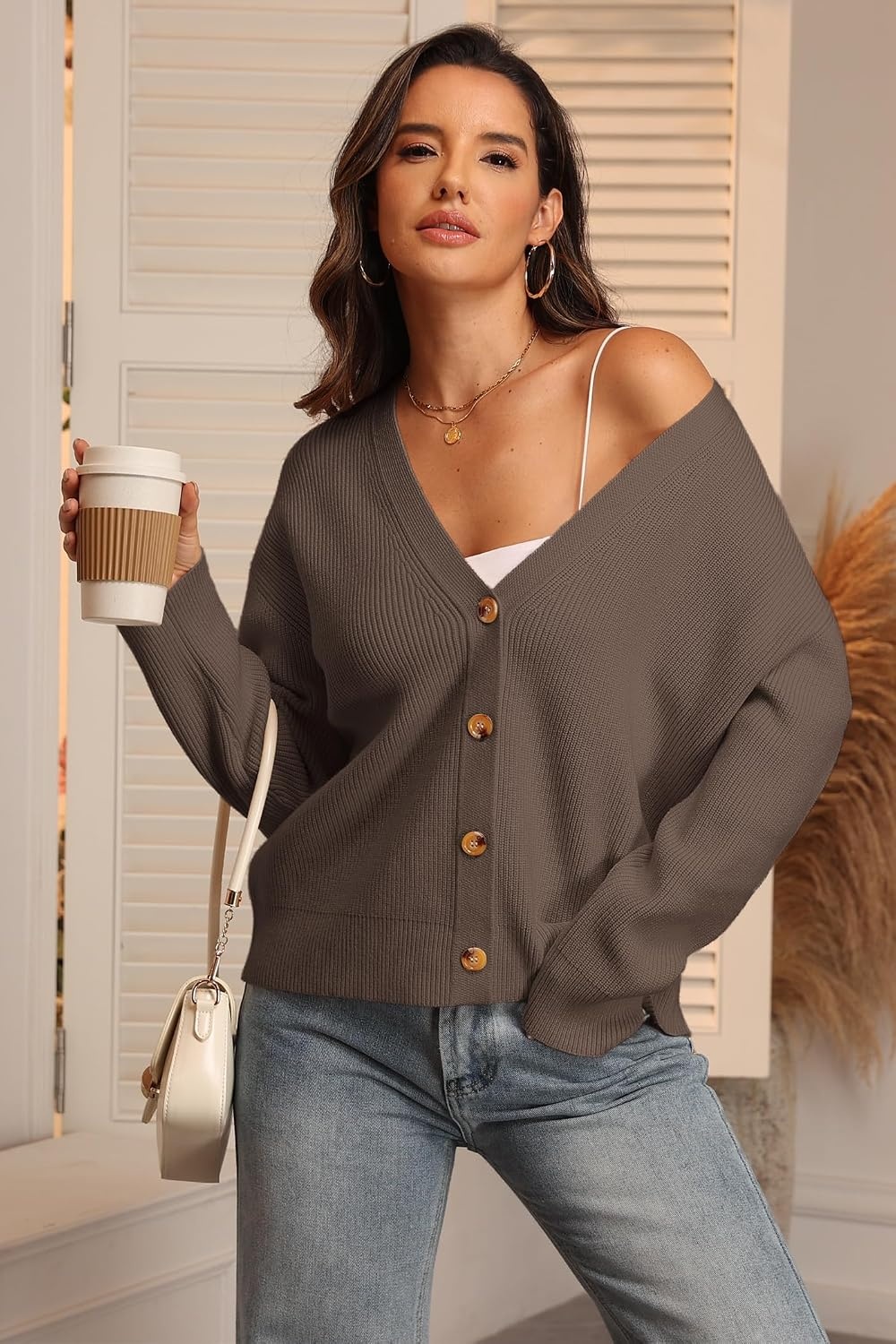 image:imageATHMILE Oversized Cardigan Sweaters for Women Lightweight Button VNeck Casual Open Front Knit Fall Outfits 2026Nutmeg