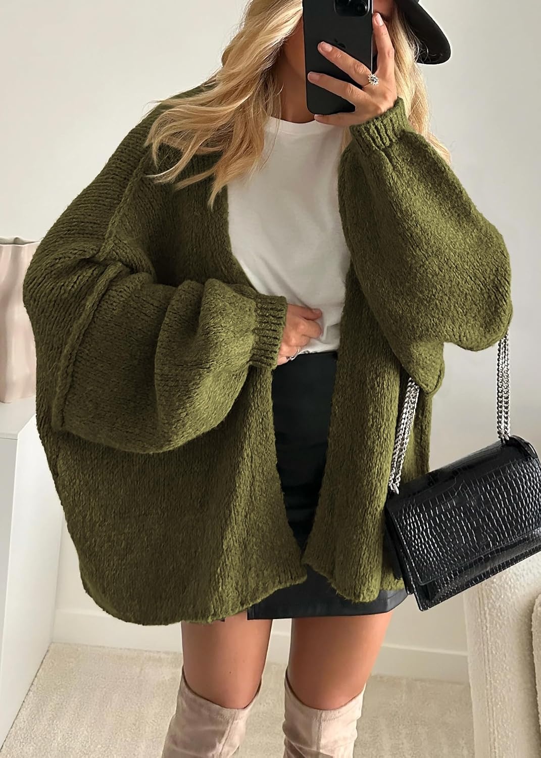 image:imageATHMILE Womens Fall Oversized Cardigan Sweaters Long Lantern Sleeve Knit Open Front Lightweight Winter Fashion Clothes 2026Army Green