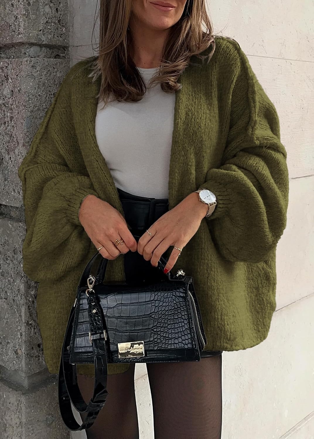 image:imageATHMILE Womens Fall Oversized Cardigan Sweaters Long Lantern Sleeve Knit Open Front Lightweight Winter Fashion Clothes 2026Army Green