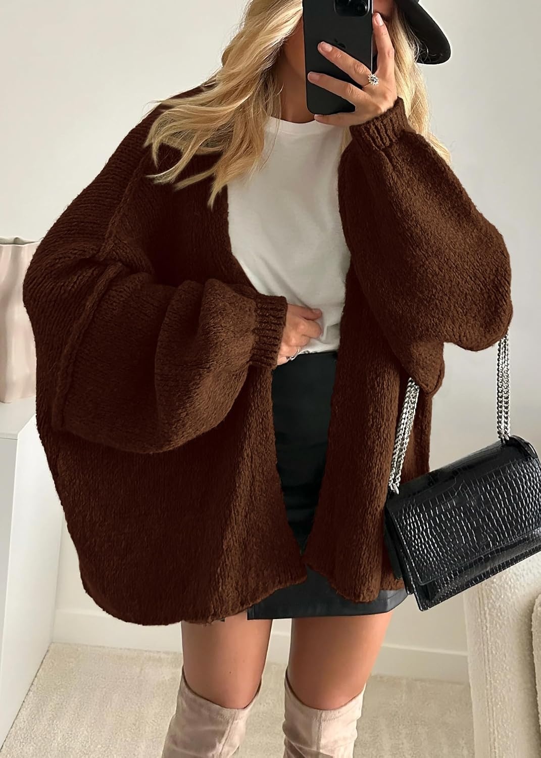 image:imageATHMILE Womens Fall Oversized Cardigan Sweaters Long Lantern Sleeve Knit Open Front Lightweight Winter Fashion Clothes 2026Caramel