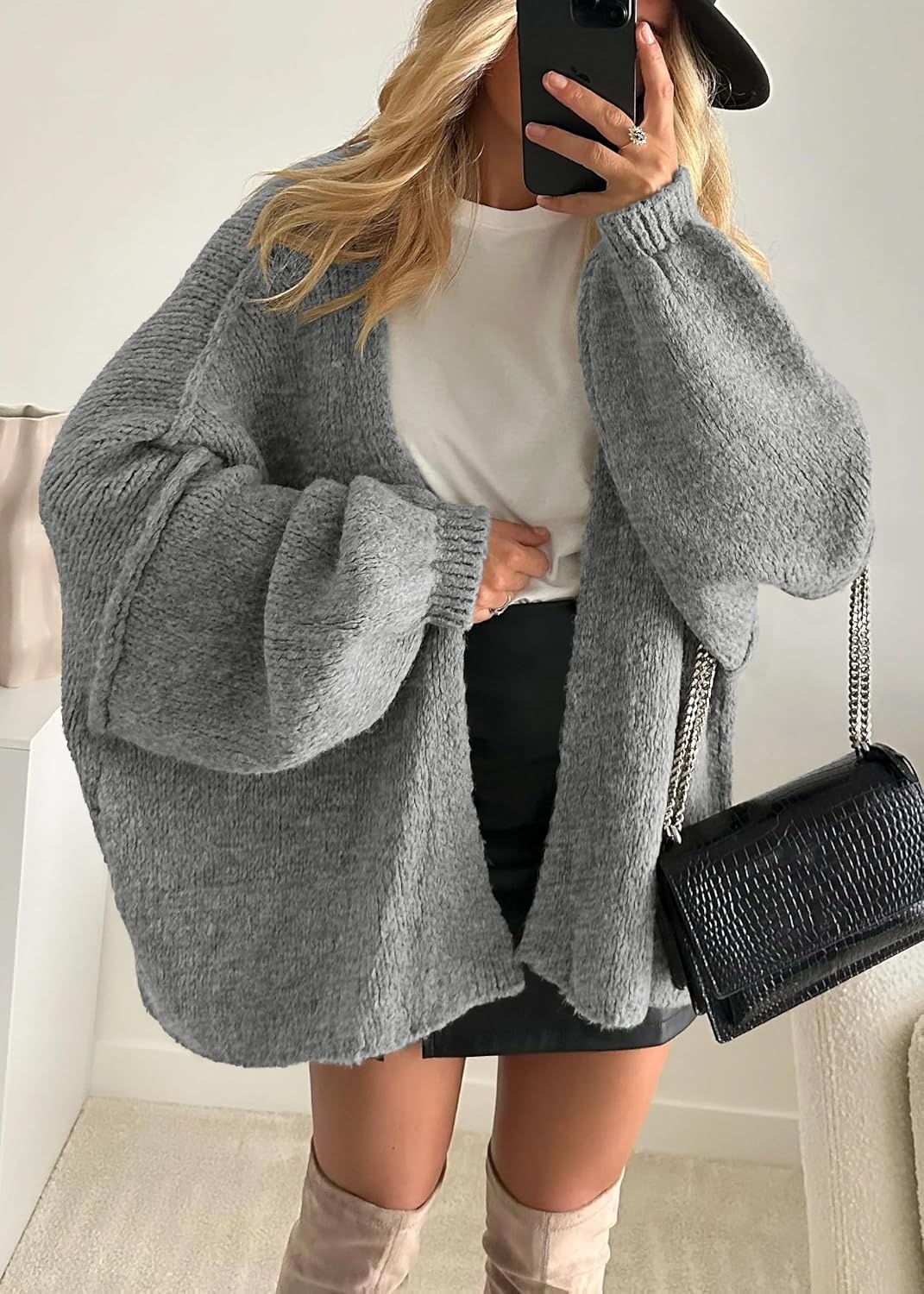 image:imageATHMILE Womens Fall Oversized Cardigan Sweaters Long Lantern Sleeve Knit Open Front Lightweight Winter Fashion Clothes 2026Gray