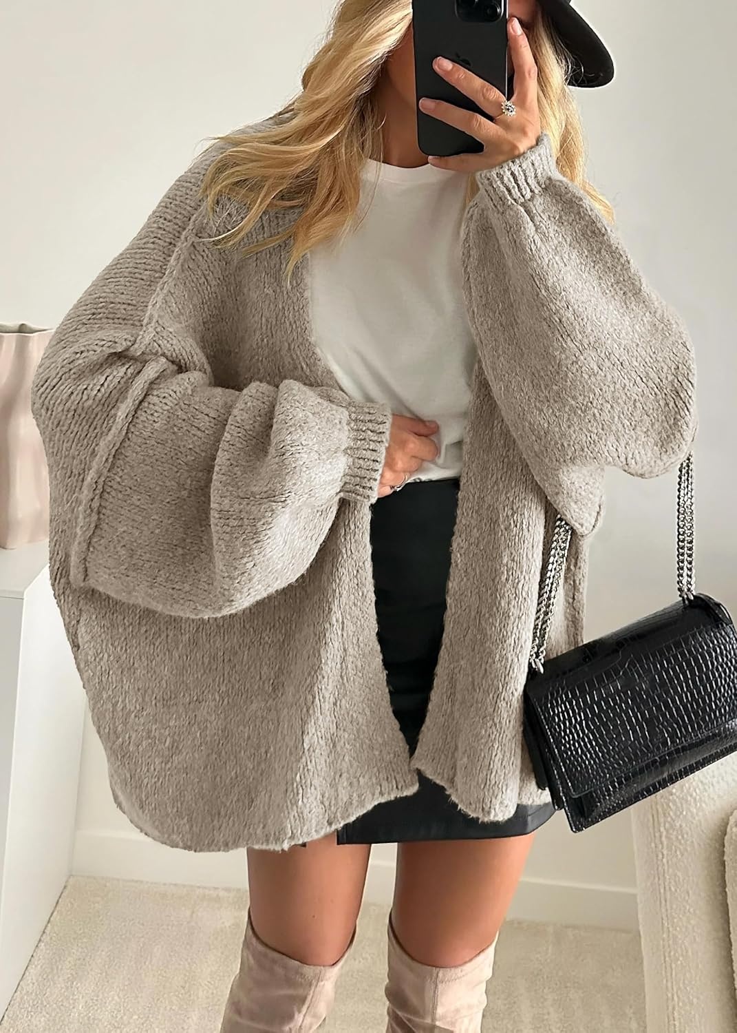 image:imageATHMILE Womens Fall Oversized Cardigan Sweaters Long Lantern Sleeve Knit Open Front Lightweight Winter Fashion Clothes 2026Grey Beige