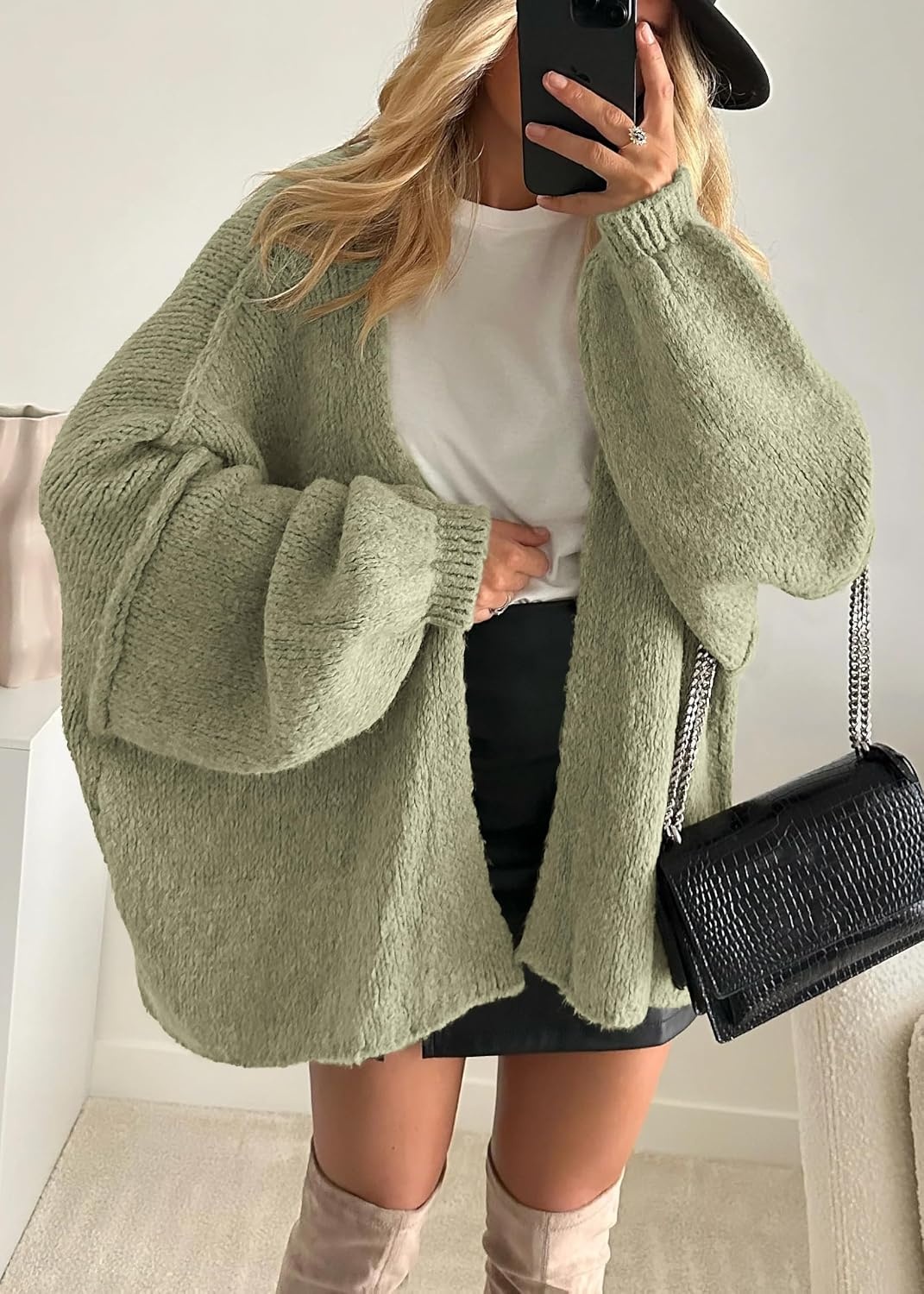 image:imageATHMILE Womens Fall Oversized Cardigan Sweaters Long Lantern Sleeve Knit Open Front Lightweight Winter Fashion Clothes 2026Light Gray Green