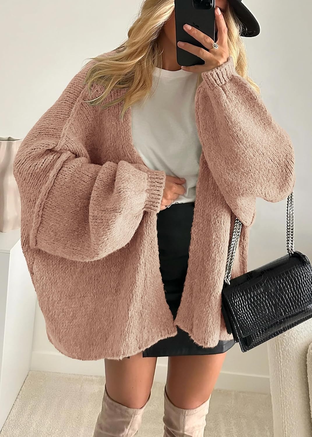 image:imageATHMILE Womens Fall Oversized Cardigan Sweaters Long Lantern Sleeve Knit Open Front Lightweight Winter Fashion Clothes 2026Light Pink