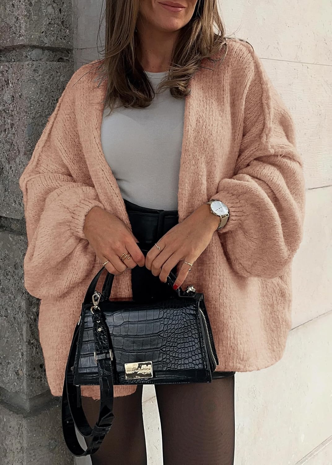 image:imageATHMILE Womens Fall Oversized Cardigan Sweaters Long Lantern Sleeve Knit Open Front Lightweight Winter Fashion Clothes 2026Light Pink
