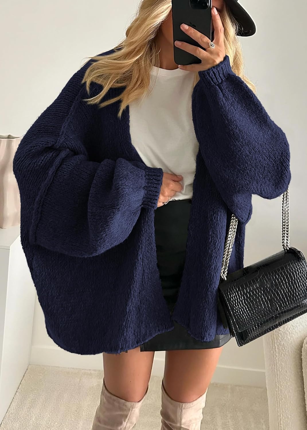 image:imageATHMILE Womens Fall Oversized Cardigan Sweaters Long Lantern Sleeve Knit Open Front Lightweight Winter Fashion Clothes 2026Navy Blue