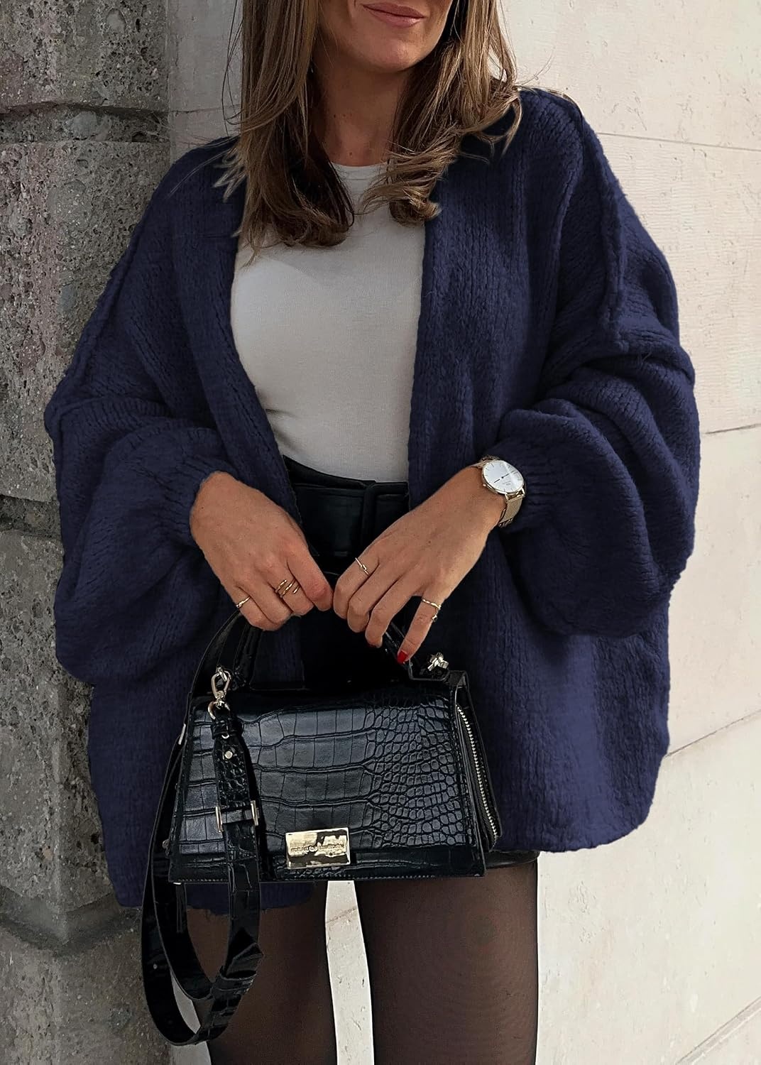 image:imageATHMILE Womens Fall Oversized Cardigan Sweaters Long Lantern Sleeve Knit Open Front Lightweight Winter Fashion Clothes 2026Navy Blue