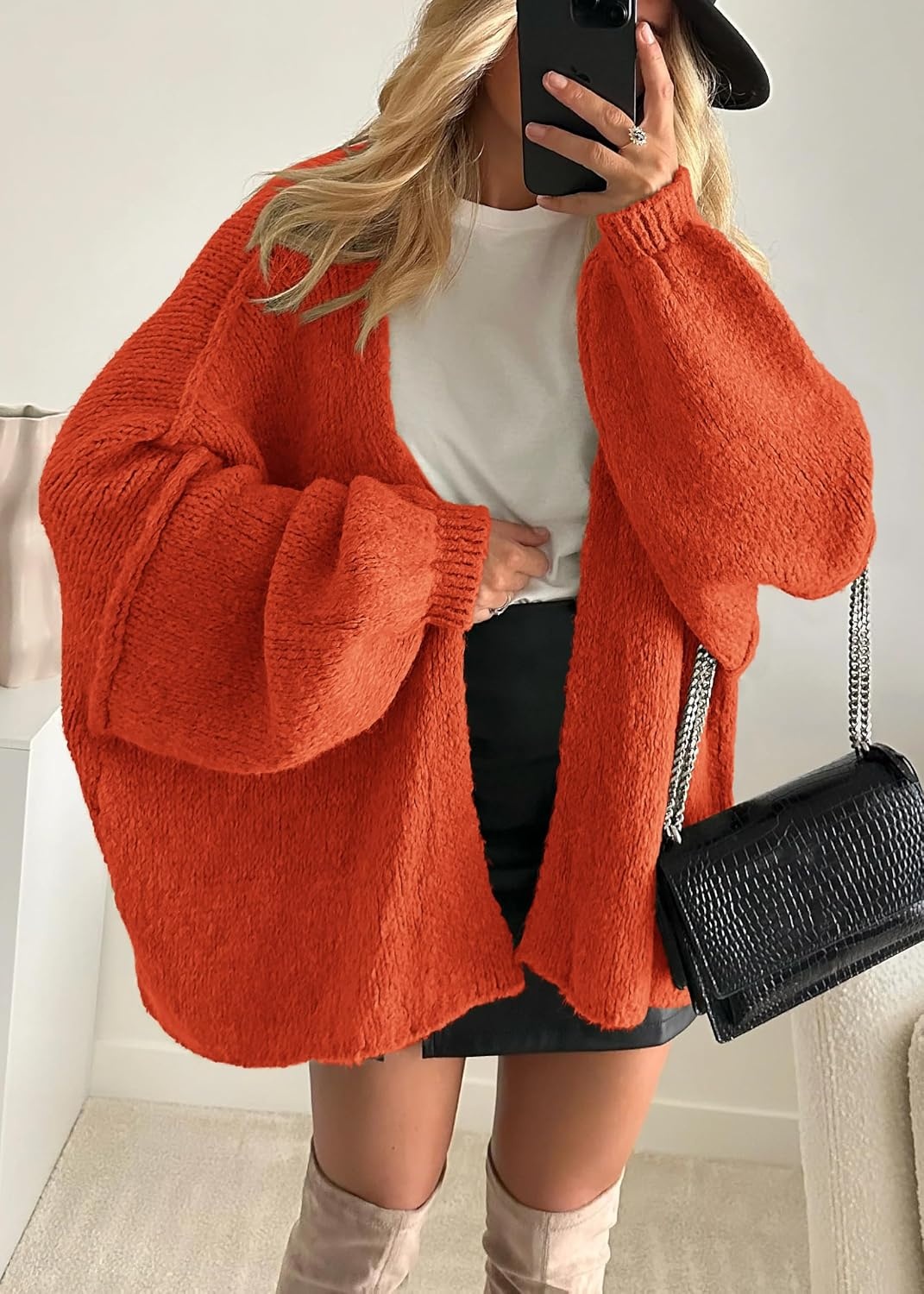 image:imageATHMILE Womens Fall Oversized Cardigan Sweaters Long Lantern Sleeve Knit Open Front Lightweight Winter Fashion Clothes 2026Orange