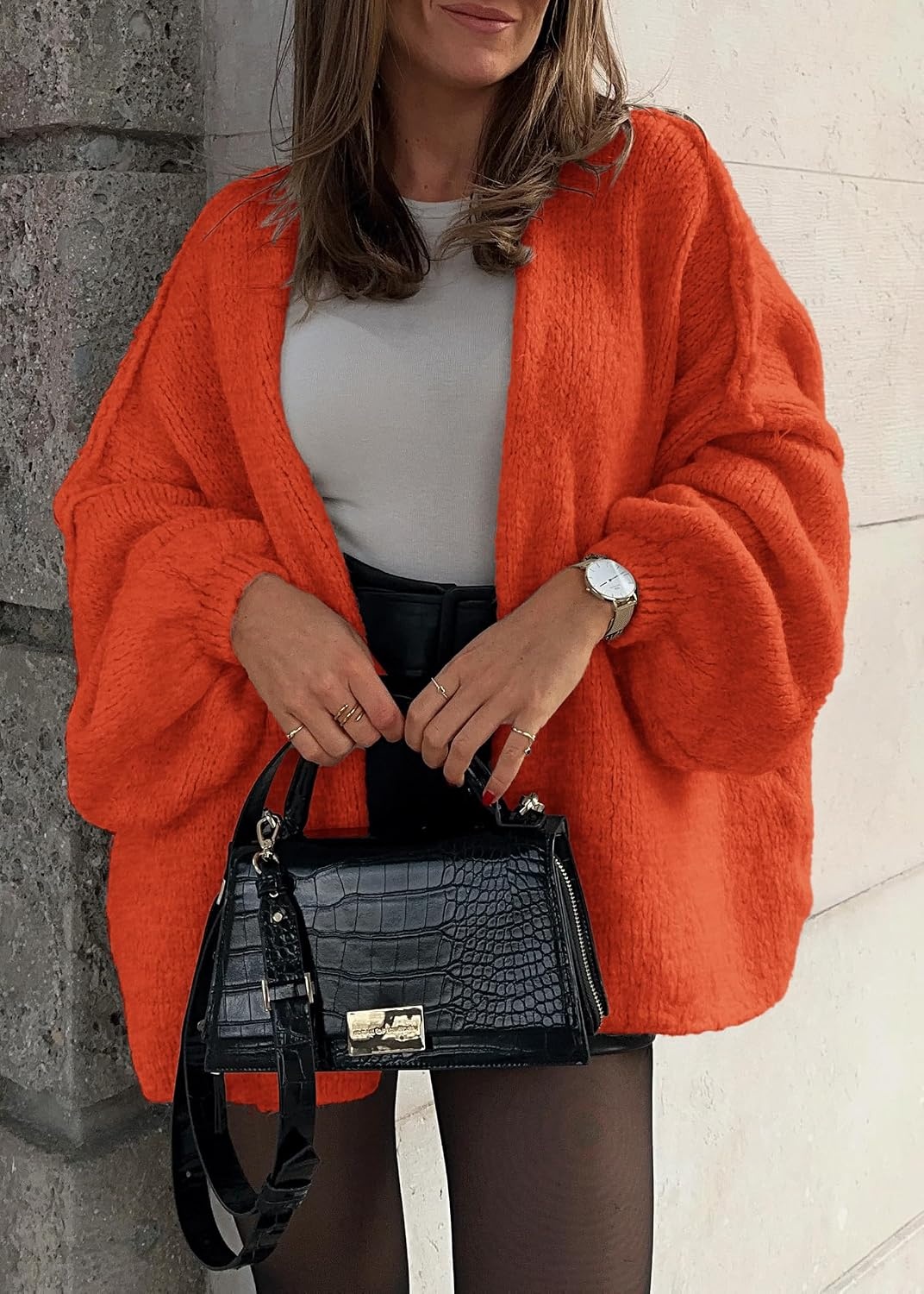 image:imageATHMILE Womens Fall Oversized Cardigan Sweaters Long Lantern Sleeve Knit Open Front Lightweight Winter Fashion Clothes 2026Orange