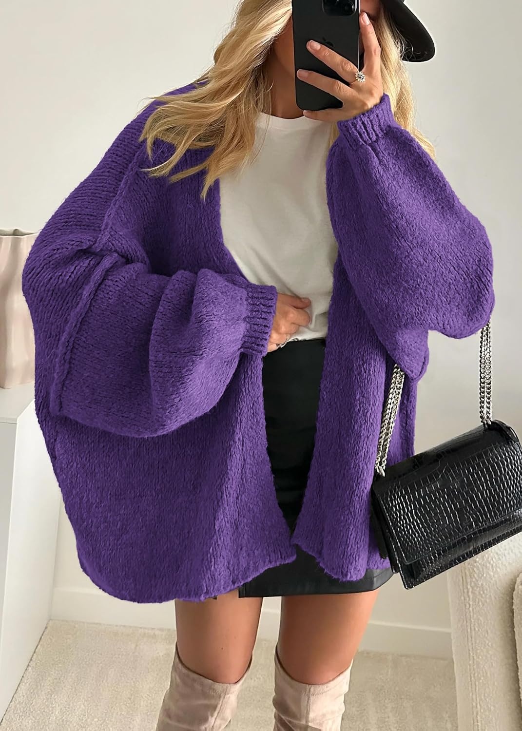 image:imageATHMILE Womens Fall Oversized Cardigan Sweaters Long Lantern Sleeve Knit Open Front Lightweight Winter Fashion Clothes 2026Purple