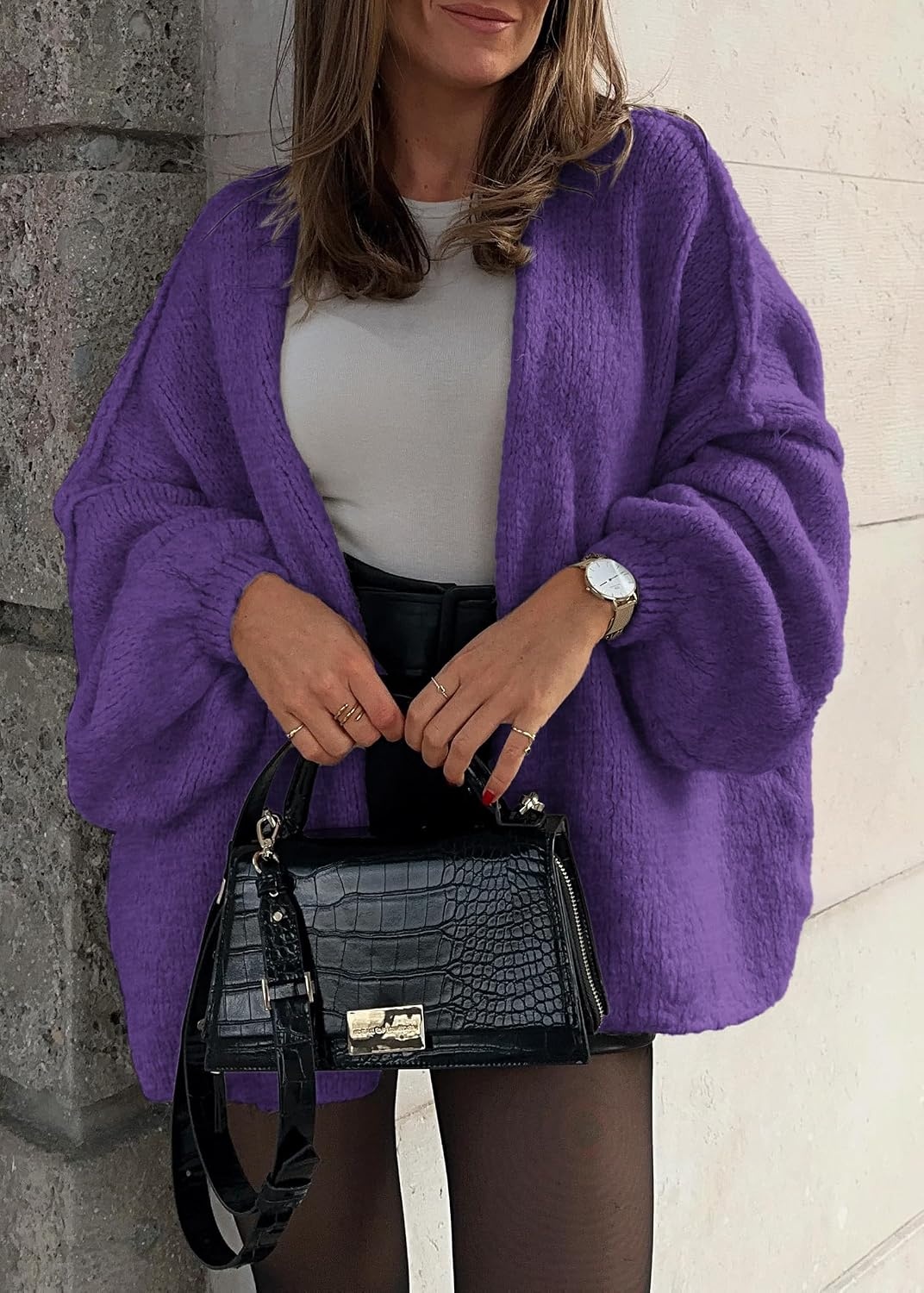 image:imageATHMILE Womens Fall Oversized Cardigan Sweaters Long Lantern Sleeve Knit Open Front Lightweight Winter Fashion Clothes 2026Purple