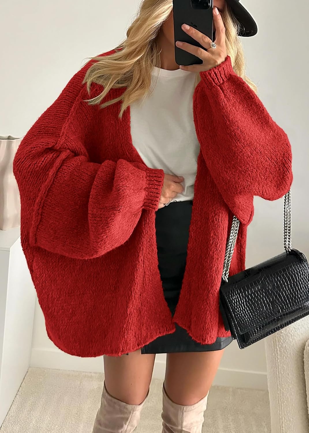 image:imageATHMILE Womens Fall Oversized Cardigan Sweaters Long Lantern Sleeve Knit Open Front Lightweight Winter Fashion Clothes 2026Red