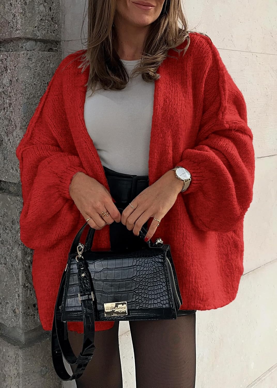 image:imageATHMILE Womens Fall Oversized Cardigan Sweaters Long Lantern Sleeve Knit Open Front Lightweight Winter Fashion Clothes 2026Red