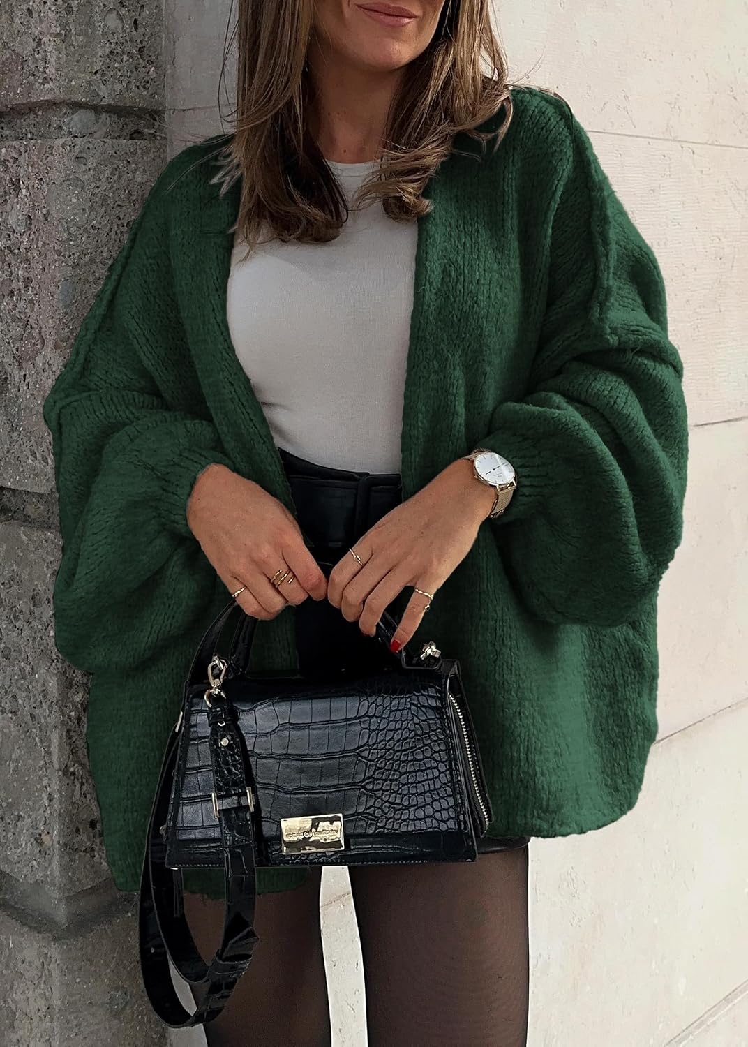 image:imageATHMILE Womens Fall Oversized Cardigan Sweaters Long Lantern Sleeve Knit Open Front Lightweight Winter Fashion Clothes 2026Spinach Green
