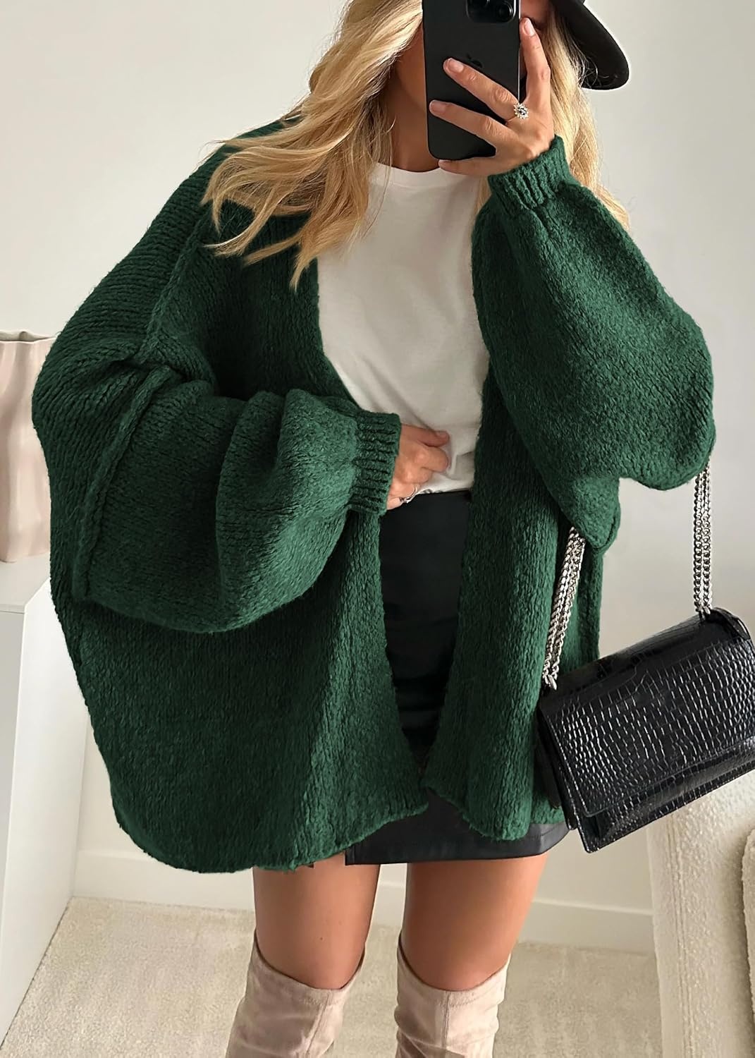 image:imageATHMILE Womens Fall Oversized Cardigan Sweaters Long Lantern Sleeve Knit Open Front Lightweight Winter Fashion Clothes 2026Spinach Green