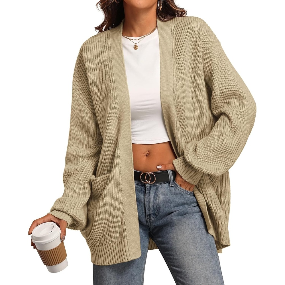 image:imageATHMILE Oversized Cardigan Sweaters for Women Fall Outfits Chunky Knit Open Front Sweater with PocketsApricot