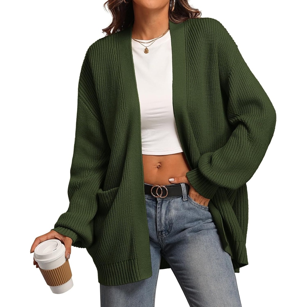 image:imageATHMILE Oversized Cardigan Sweaters for Women Fall Outfits Chunky Knit Open Front Sweater with PocketsArmy Green