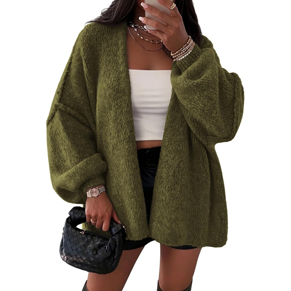 image:imageATHMILE Womens Fall Oversized Cardigan Sweaters Long Lantern Sleeve Knit Open Front Lightweight Winter Fashion Clothes 2026Army Green