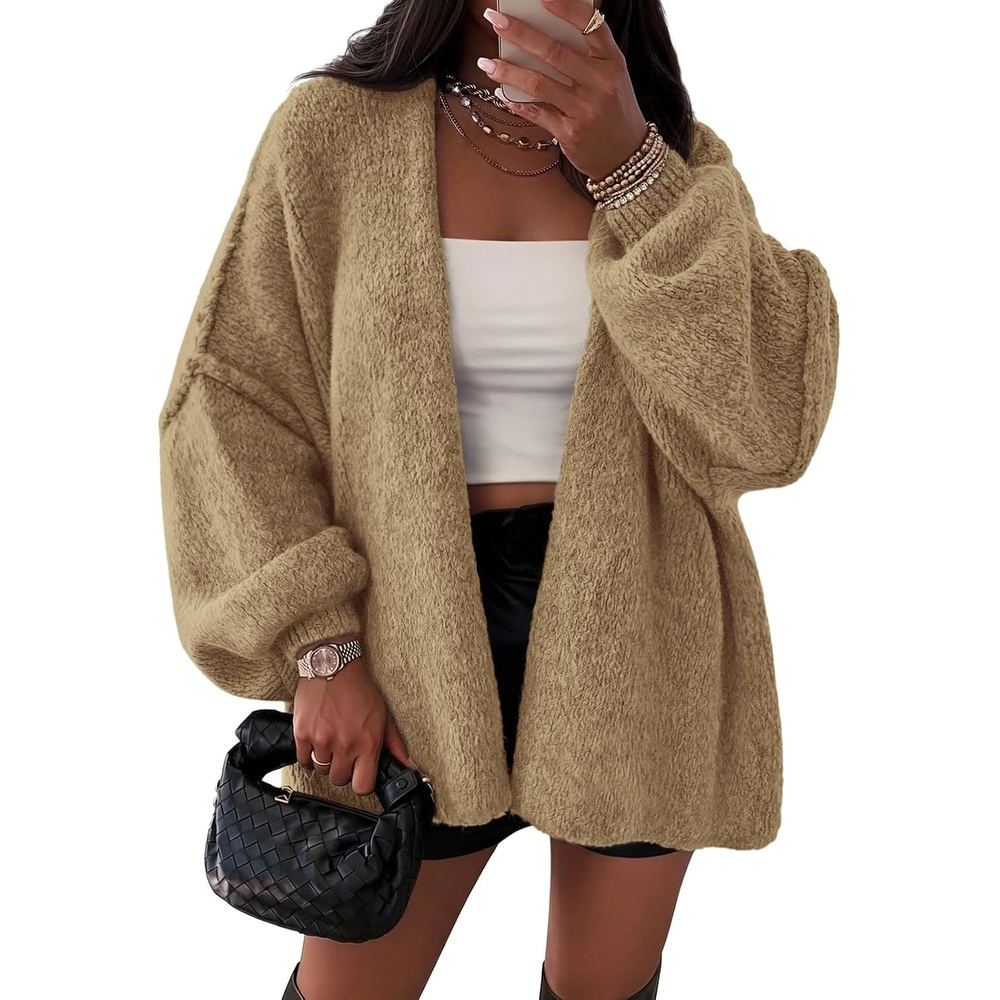 image:imageATHMILE Womens Fall Oversized Cardigan Sweaters Long Lantern Sleeve Knit Open Front Lightweight Winter Fashion Clothes 2026Camel