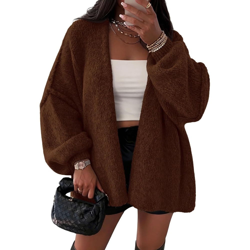 image:imageATHMILE Womens Fall Oversized Cardigan Sweaters Long Lantern Sleeve Knit Open Front Lightweight Winter Fashion Clothes 2026Caramel