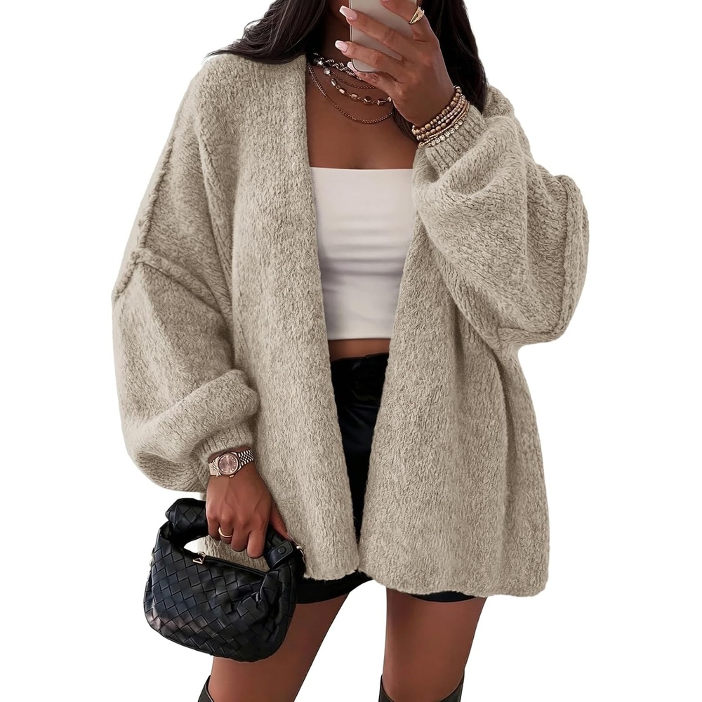 image:imageATHMILE Womens Fall Oversized Cardigan Sweaters Long Lantern Sleeve Knit Open Front Lightweight Winter Fashion Clothes 2026Grey Beige