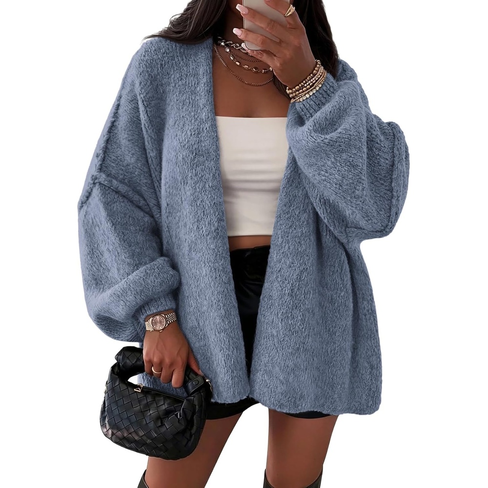 image:imageATHMILE Womens Fall Oversized Cardigan Sweaters Long Lantern Sleeve Knit Open Front Lightweight Winter Fashion Clothes 2026Haze Blue