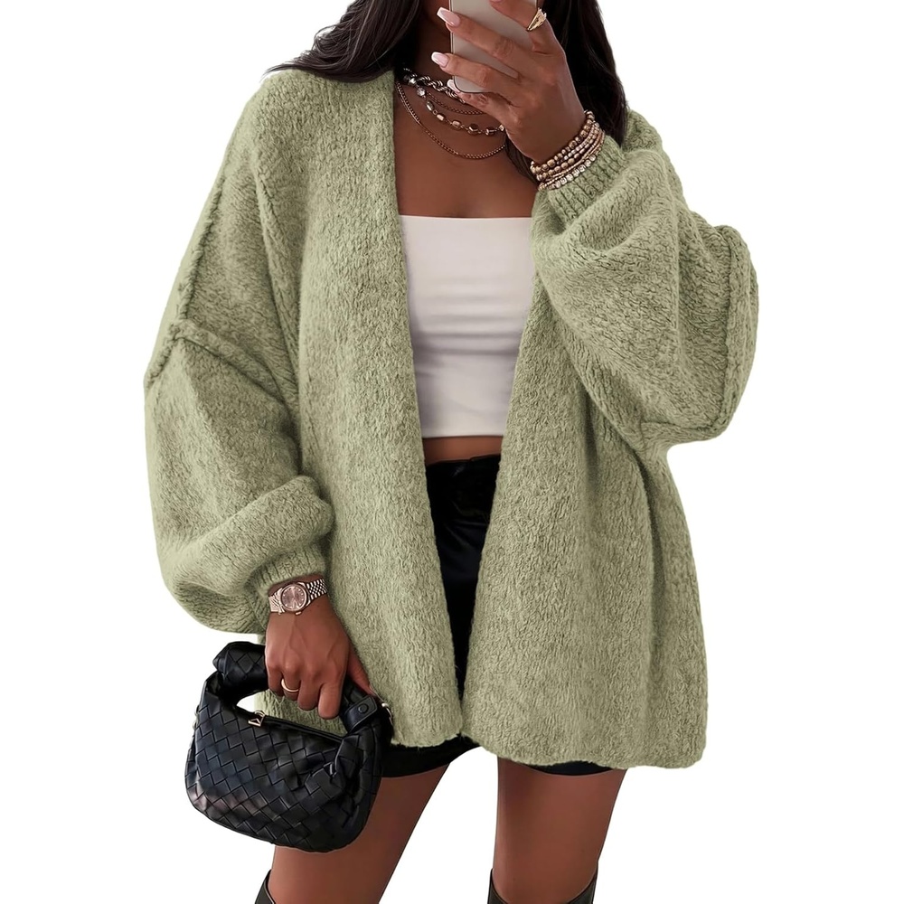 image:imageATHMILE Womens Fall Oversized Cardigan Sweaters Long Lantern Sleeve Knit Open Front Lightweight Winter Fashion Clothes 2026Light Gray Green
