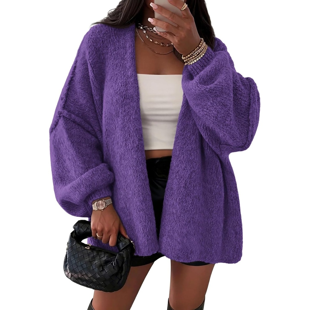 image:imageATHMILE Womens Fall Oversized Cardigan Sweaters Long Lantern Sleeve Knit Open Front Lightweight Winter Fashion Clothes 2026Purple