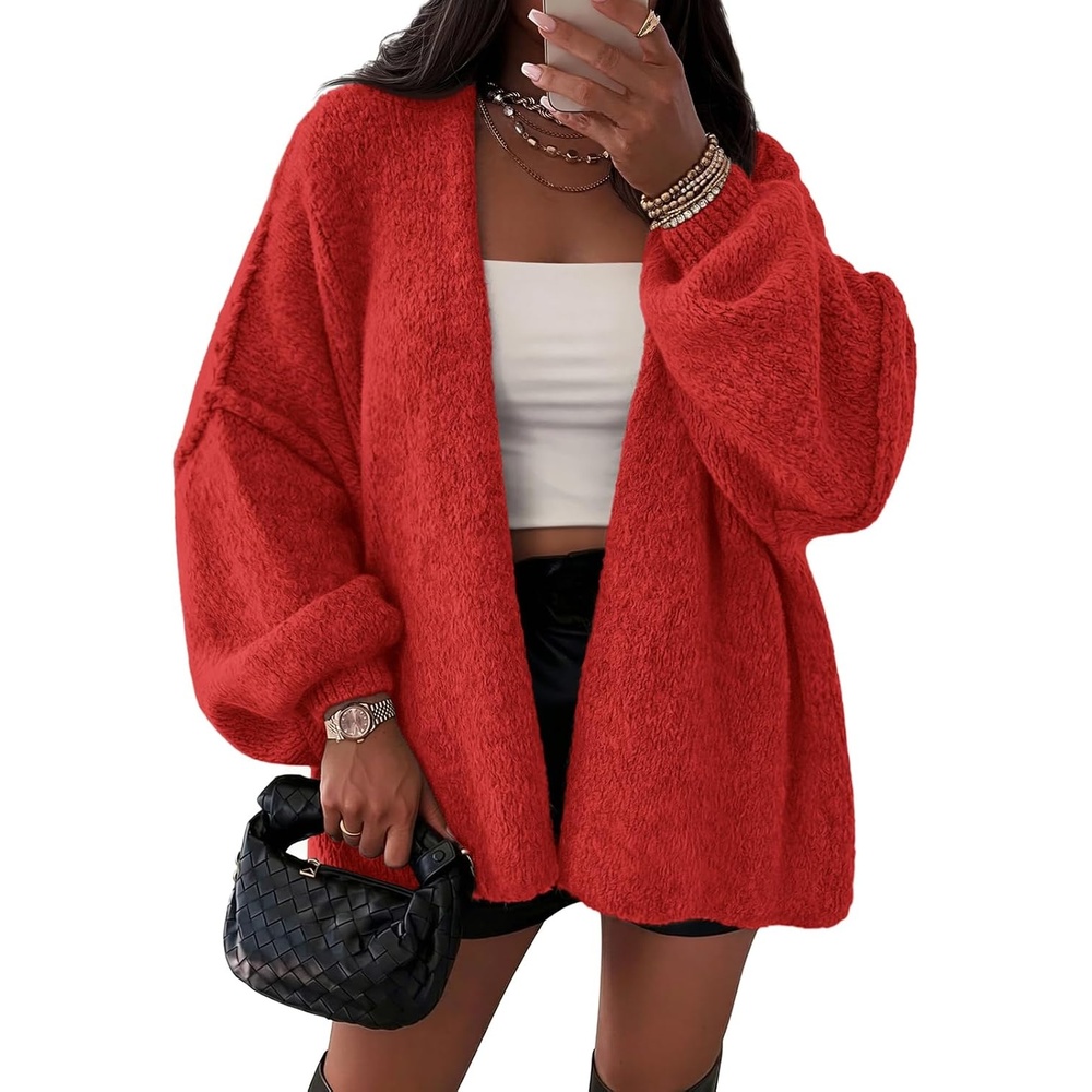 image:imageATHMILE Womens Fall Oversized Cardigan Sweaters Long Lantern Sleeve Knit Open Front Lightweight Winter Fashion Clothes 2026Red