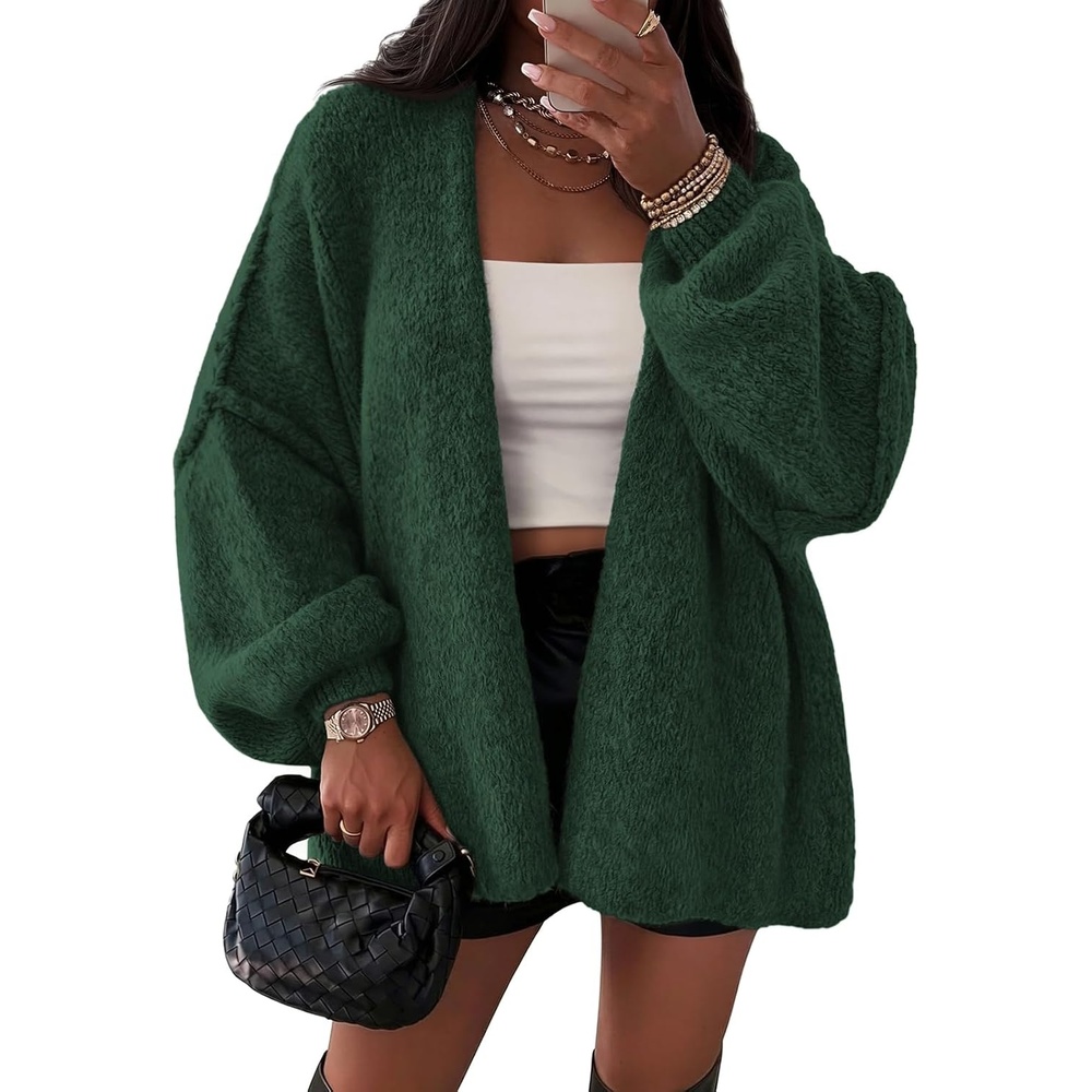 image:imageATHMILE Womens Fall Oversized Cardigan Sweaters Long Lantern Sleeve Knit Open Front Lightweight Winter Fashion Clothes 2026Spinach Green