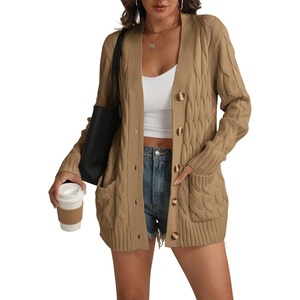 ATHMILE Cardigan Sweaters for Women Fashion Open Front Cardigans 2026 Fall Outfits Womens Long Sleeve Cable Knit Button Coats(Khaki)