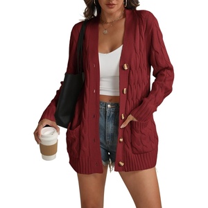 ATHMILE Cardigan Sweaters for Women Fashion Open Front Cardigans 2026 Fall Outfits Womens Long Sleeve Cable Knit Button Coats(Wine Red)