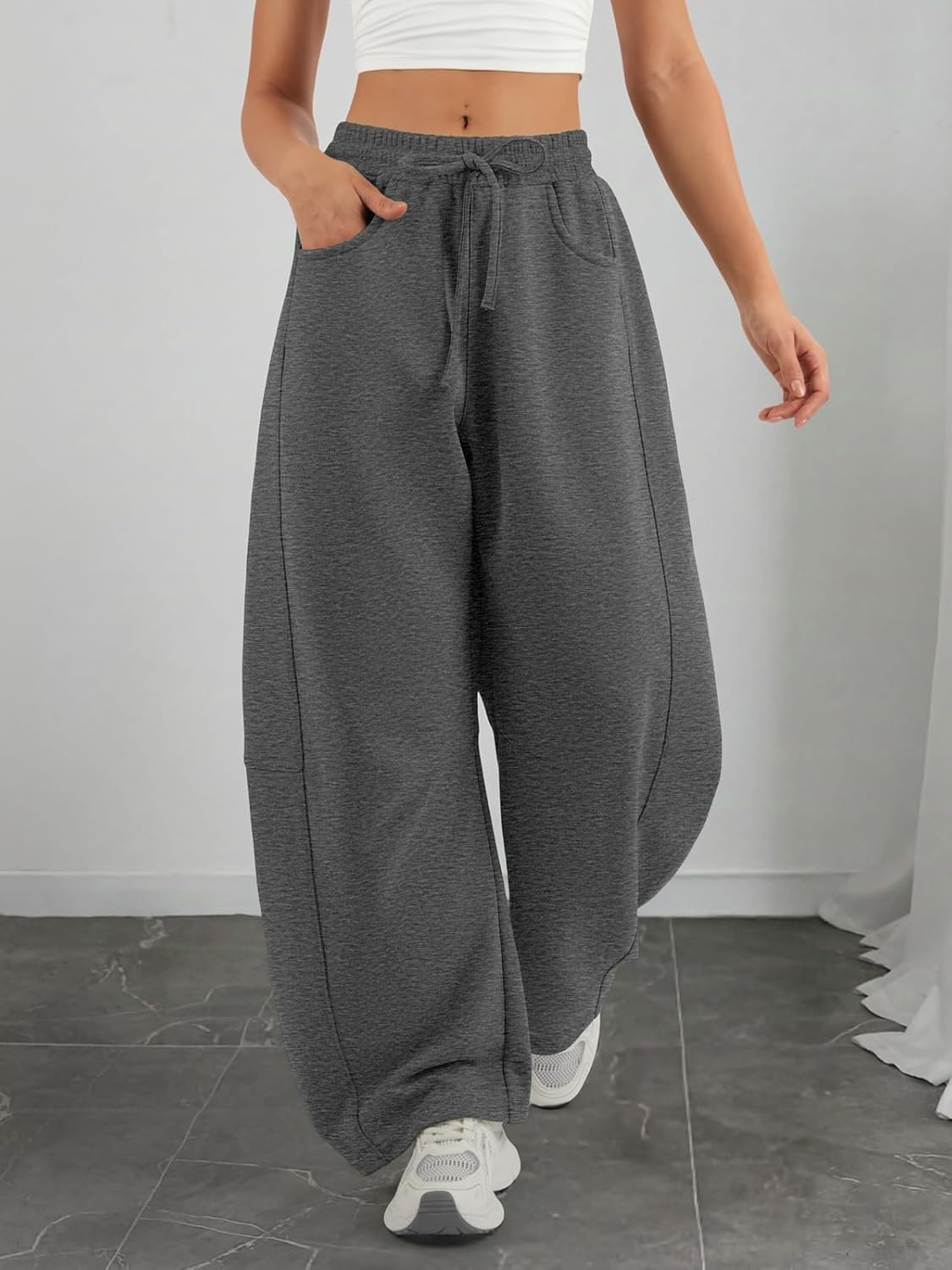 image:imageATHMILE Barrel Sweatpants Women Fall Fashion Wide Leg Pants 2026 Baggy Lounge Comfy Flowy Sweat Pants with PocketsDark Grey