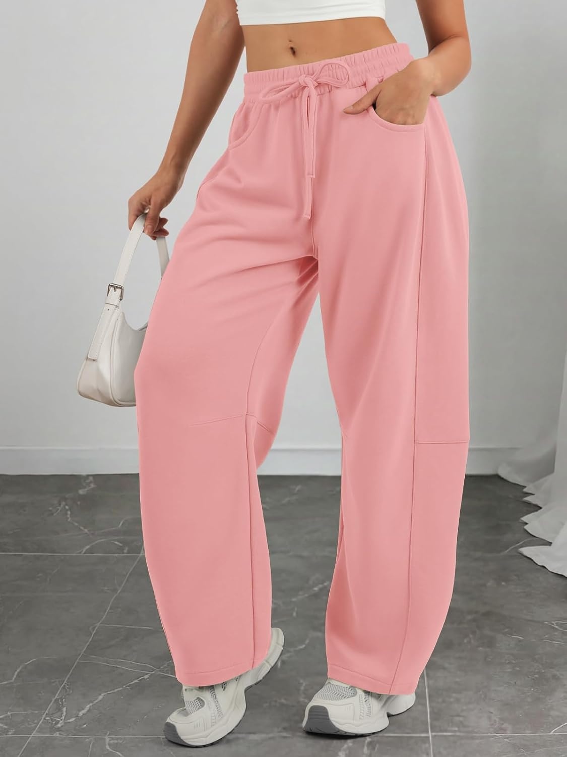 image:imageATHMILE Barrel Sweatpants Women Fall Fashion Wide Leg Pants 2026 Baggy Lounge Comfy Flowy Sweat Pants with PocketsPink